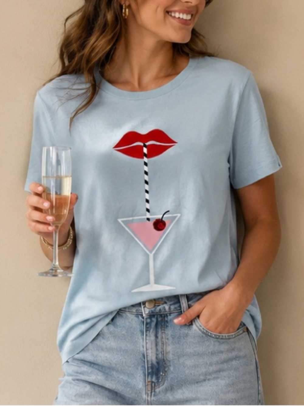 Kate Spade Cocktail Hour Tee Martini Lips Cherry Graphic Blue T-Shirt L NWOT